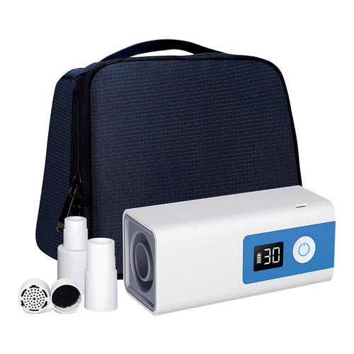 LEEL CPAP cleaning set, including sanitizing bag, carbon filter and hose adapters.